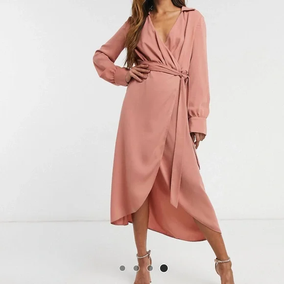 chinese dress ladies Rent ASOS DESIGN Collared Wrap Midi Dress With Tie Belt In Terracotta main image 1